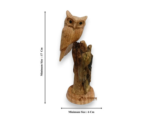 Hand Carved Wooden Owl Sculpture on Natural Wood Base