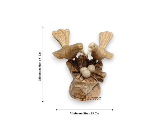 Hand Carved Wooden Bird Couple with Nest and Eggs Sculpture