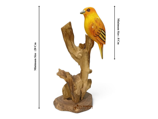Hand Painted Yellow Wooden Bird on Natural Rootwood Sculpture