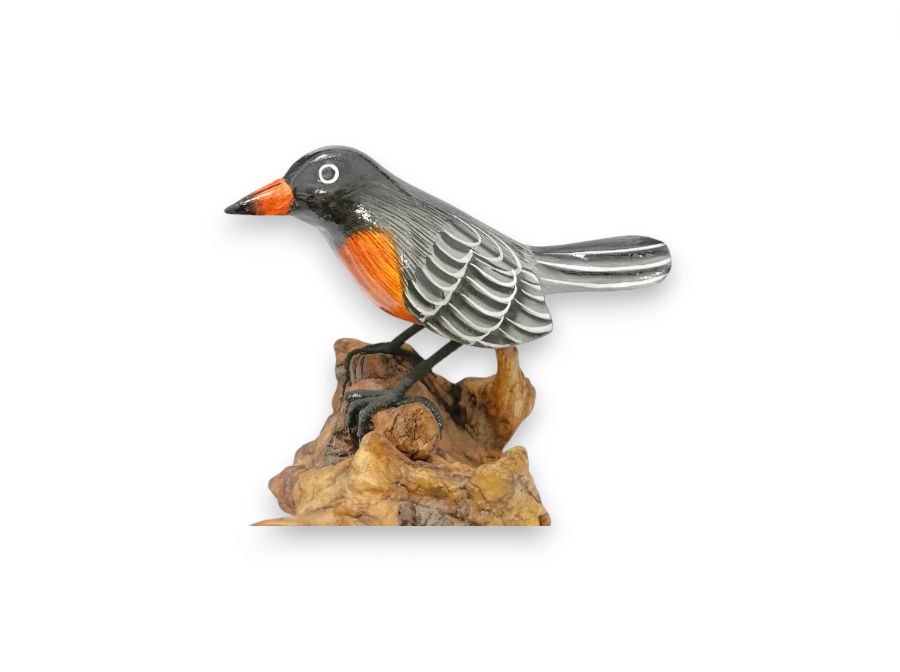 Hand Painted Orange-Breasted Wooden Songbird on Rootwood Sculpture