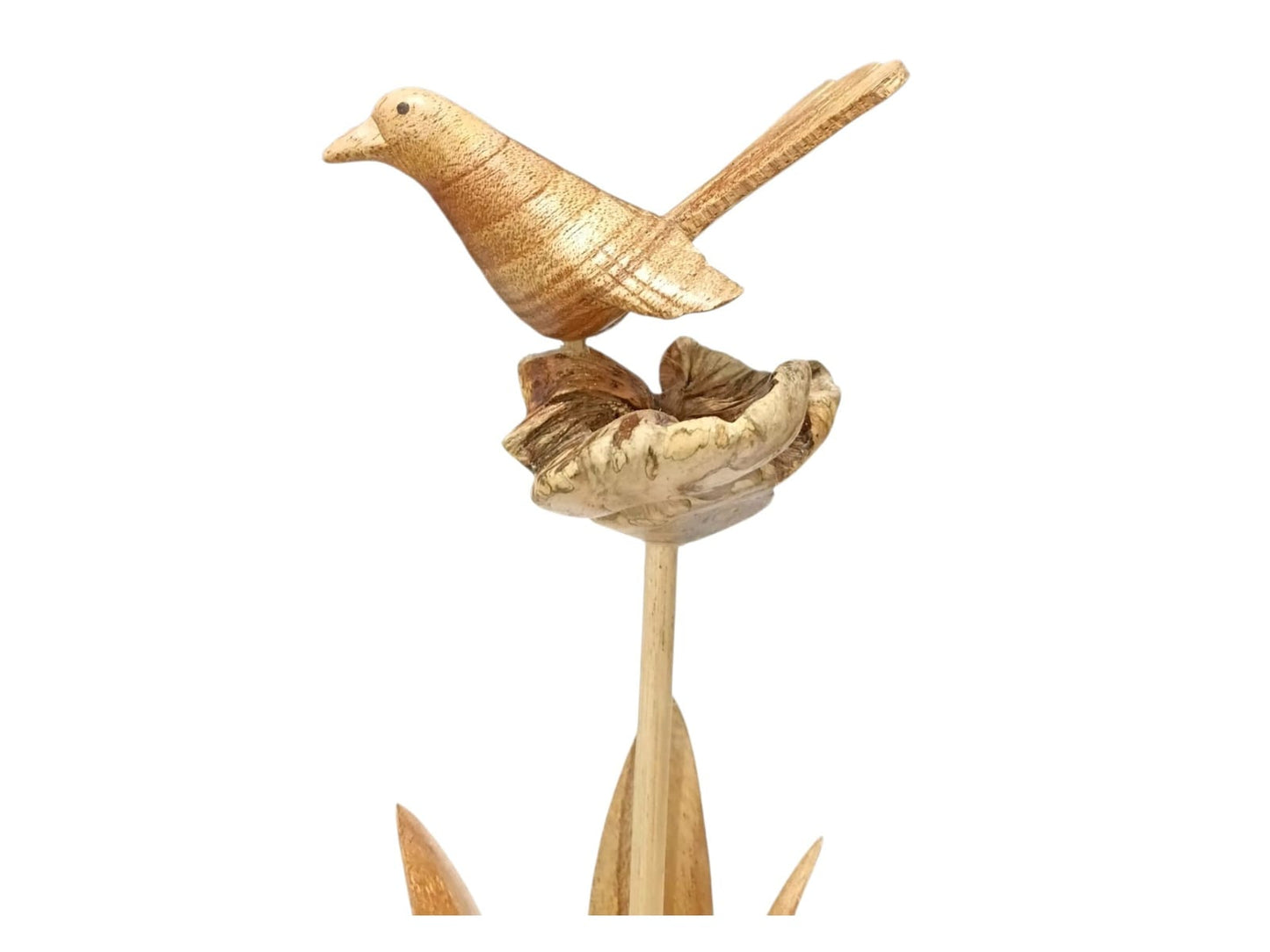 Hand Carved Wooden Bird on Lotus Flower and Rootwood Sculpture