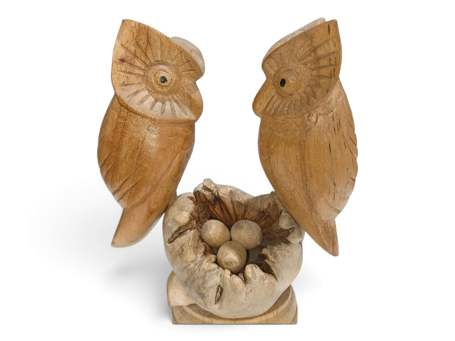 Hand Carved Wooden Owl Couple with Nest and 3 Eggs Sculpture