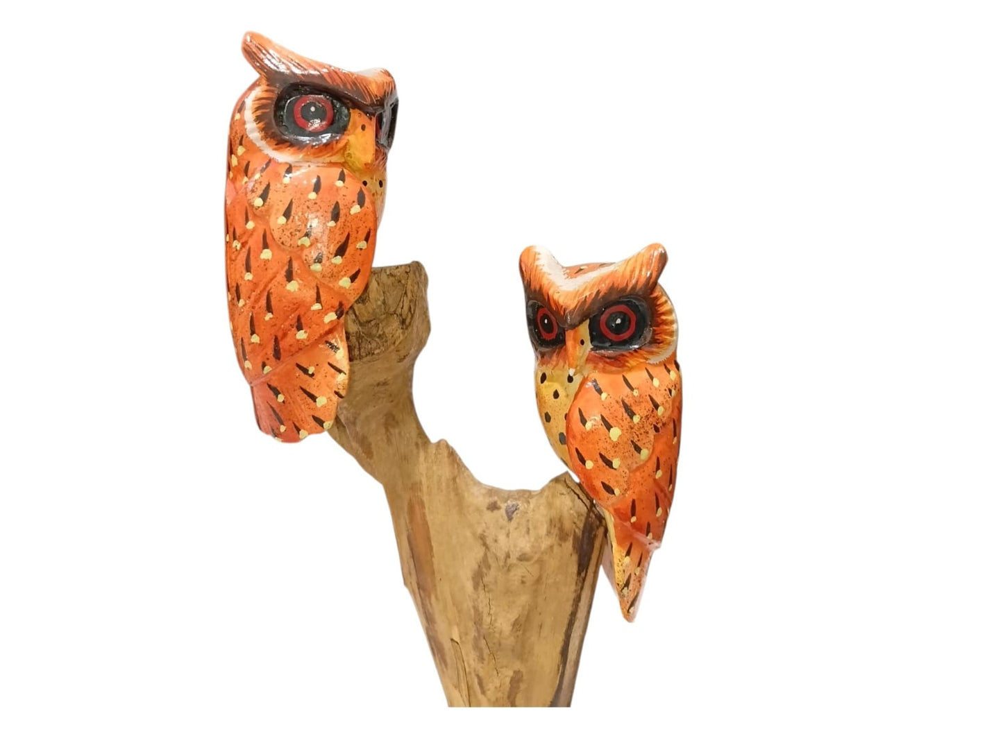 Hand Painted Wooden Owl Couple on Natural Rootwood Sculpture