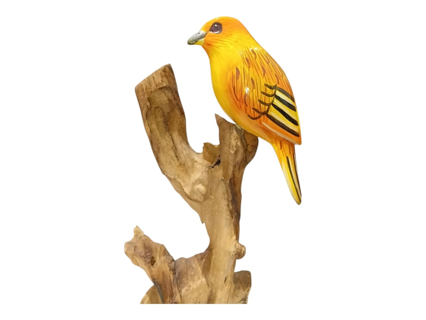 Hand Painted Yellow Wooden Bird on Natural Rootwood Sculpture