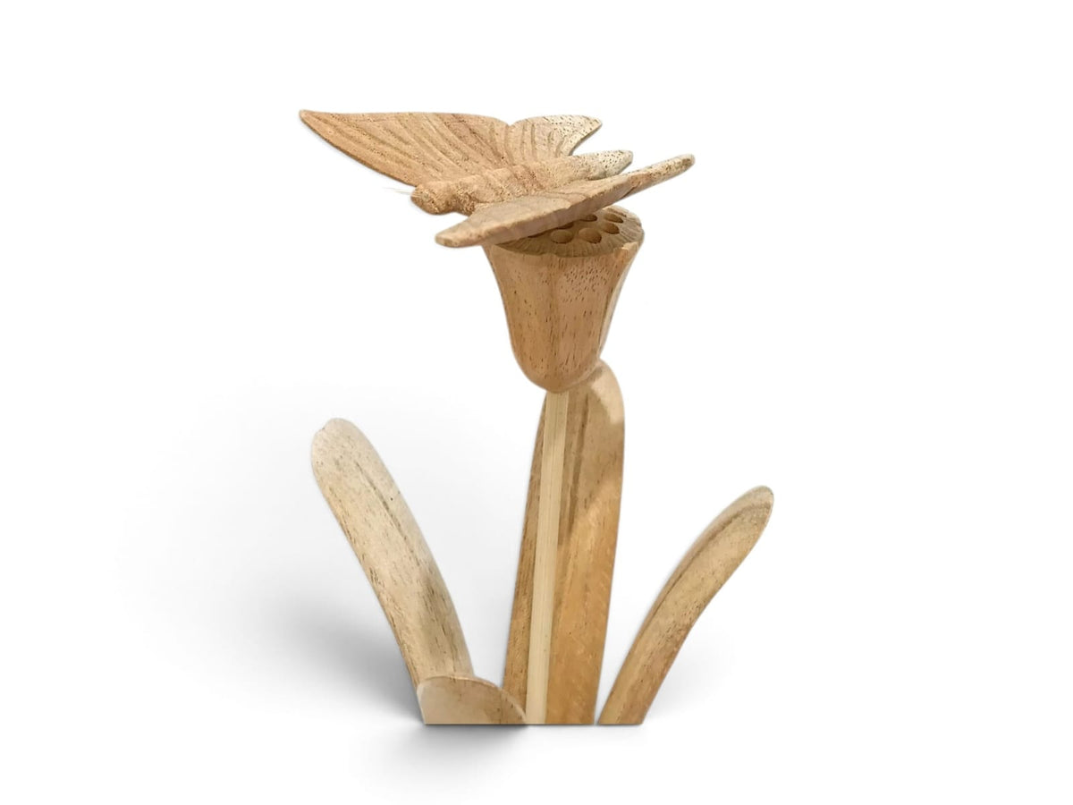 Hand-Carved Wooden Butterfly on Tall Flower with Leaves Sculpture