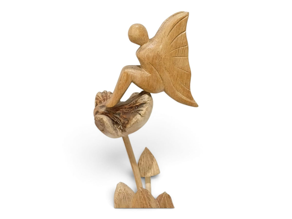 Hand-Carved Wooden Fairy on Flower with Four Mushrooms Sculpture