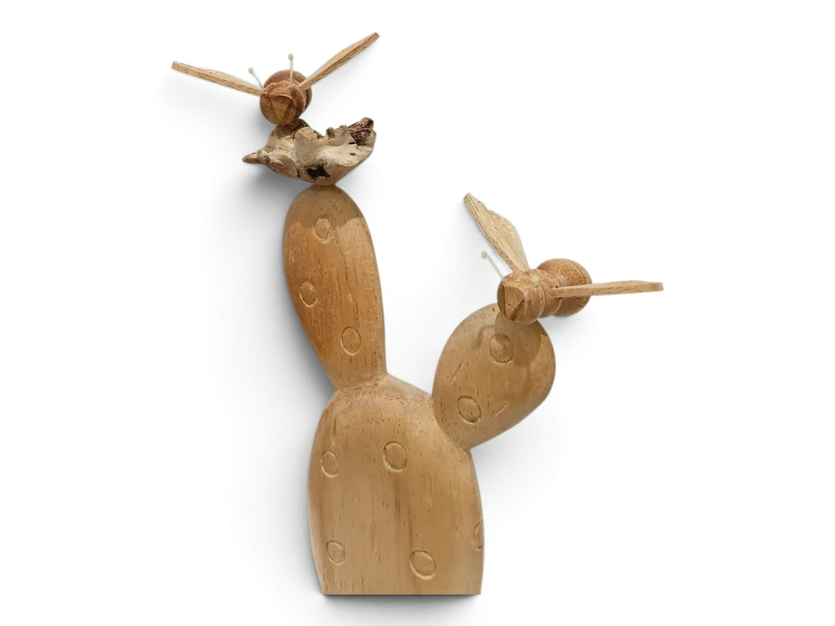 Hand-Carved Wooden Cactus with Two Bees Sculpture