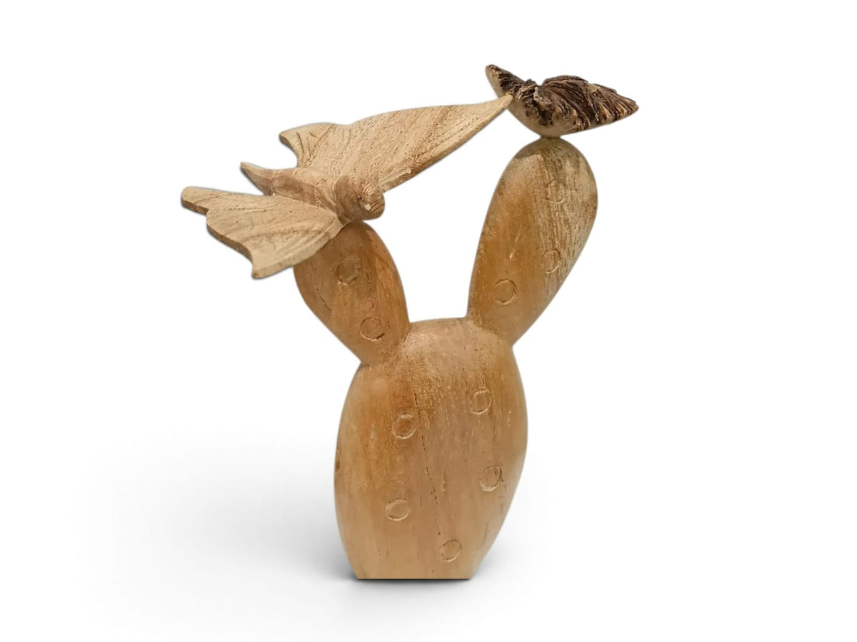 Hand-Carved Wooden Cactus with Butterfly and Flower Sculpture