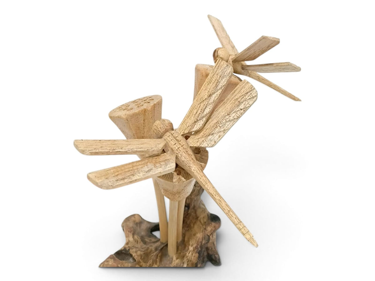 Hand-Carved Wooden Lotus Seed Pods with Two Dragonflies Sculpture