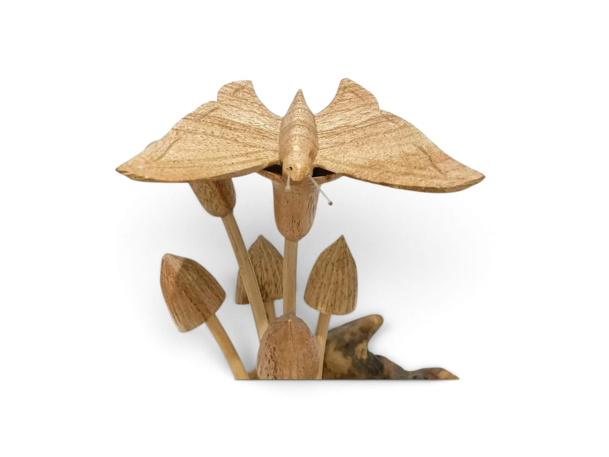 Hand-Carved Wooden Butterfly and Mushroom Cluster Sculpture