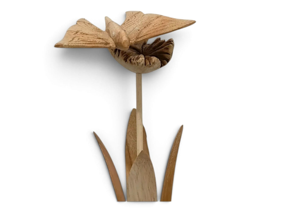 Hand-Carved Wooden Butterfly on Flower Sculpture with Natural Wood Base