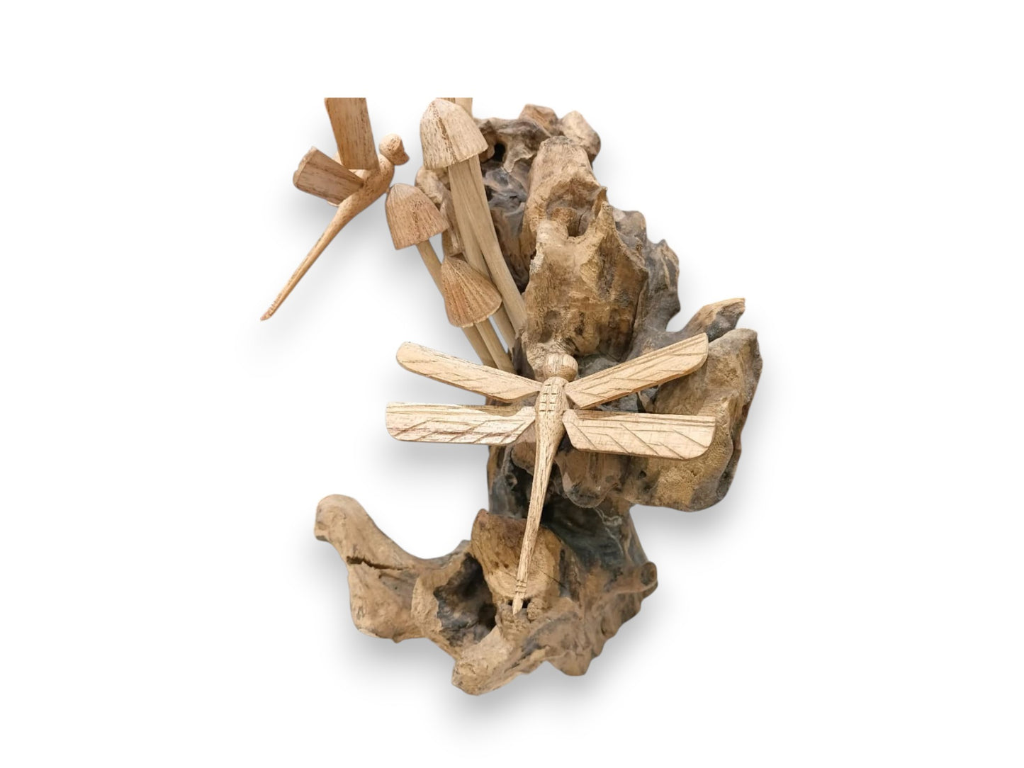 Two Hand Carved Wooden Dragonflies and Mushrooms on Natural Rootwood Sculpture