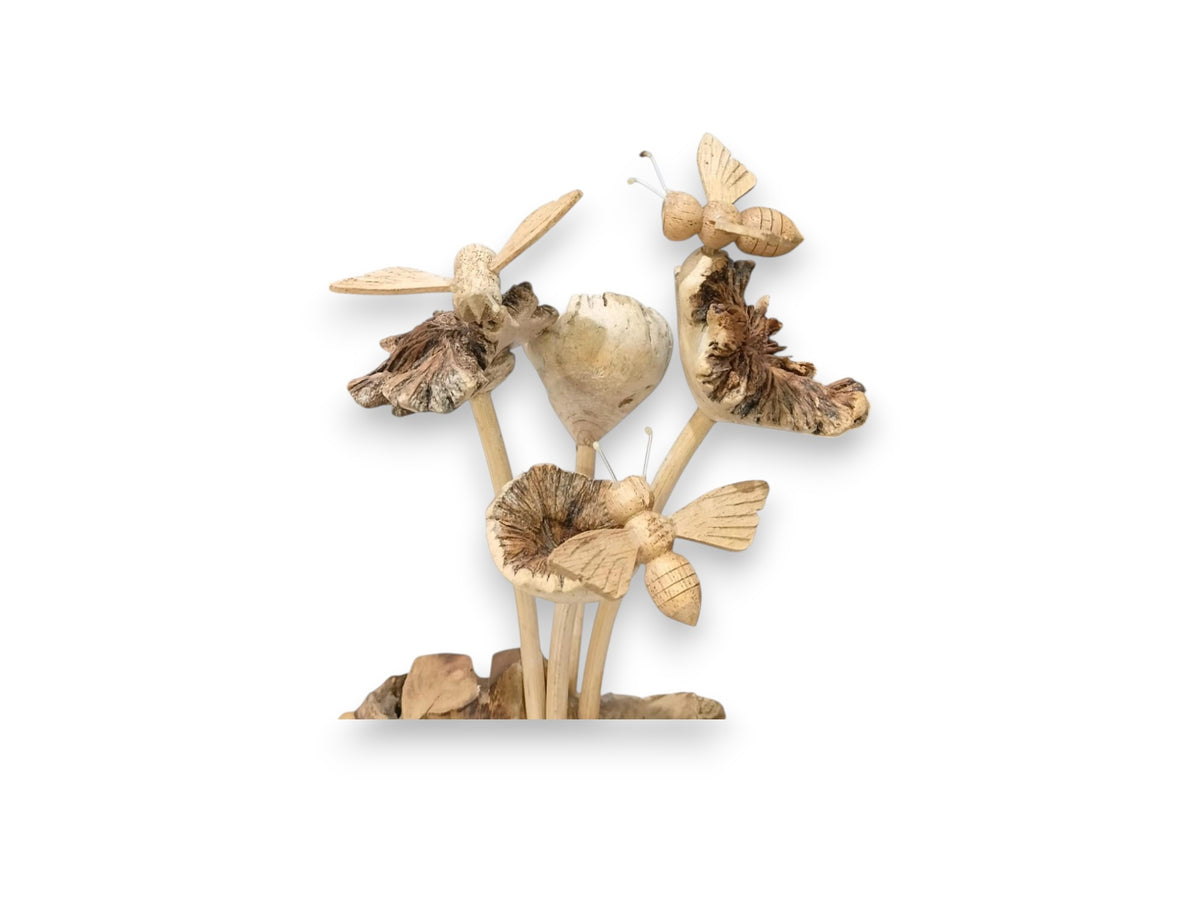Three Hand Carved Wooden Bees on Wildflowers and Natural Rootwood Sculpture