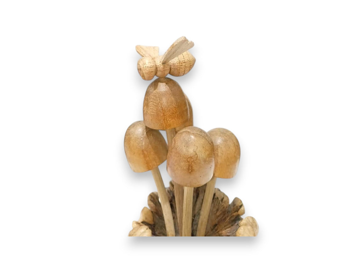 Hand Carved Wooden Bee with Five Mushrooms on Natural Rootwood Sculpture