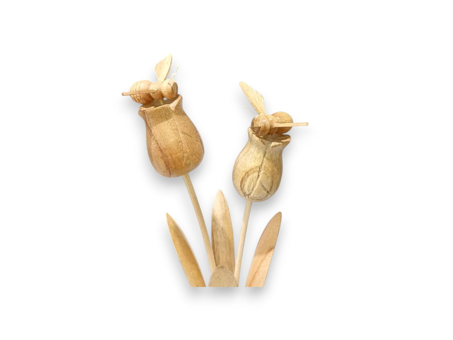 Two Hand Carved Wooden Bees on Tall Wildflowers and Natural Rootwood Sculpture