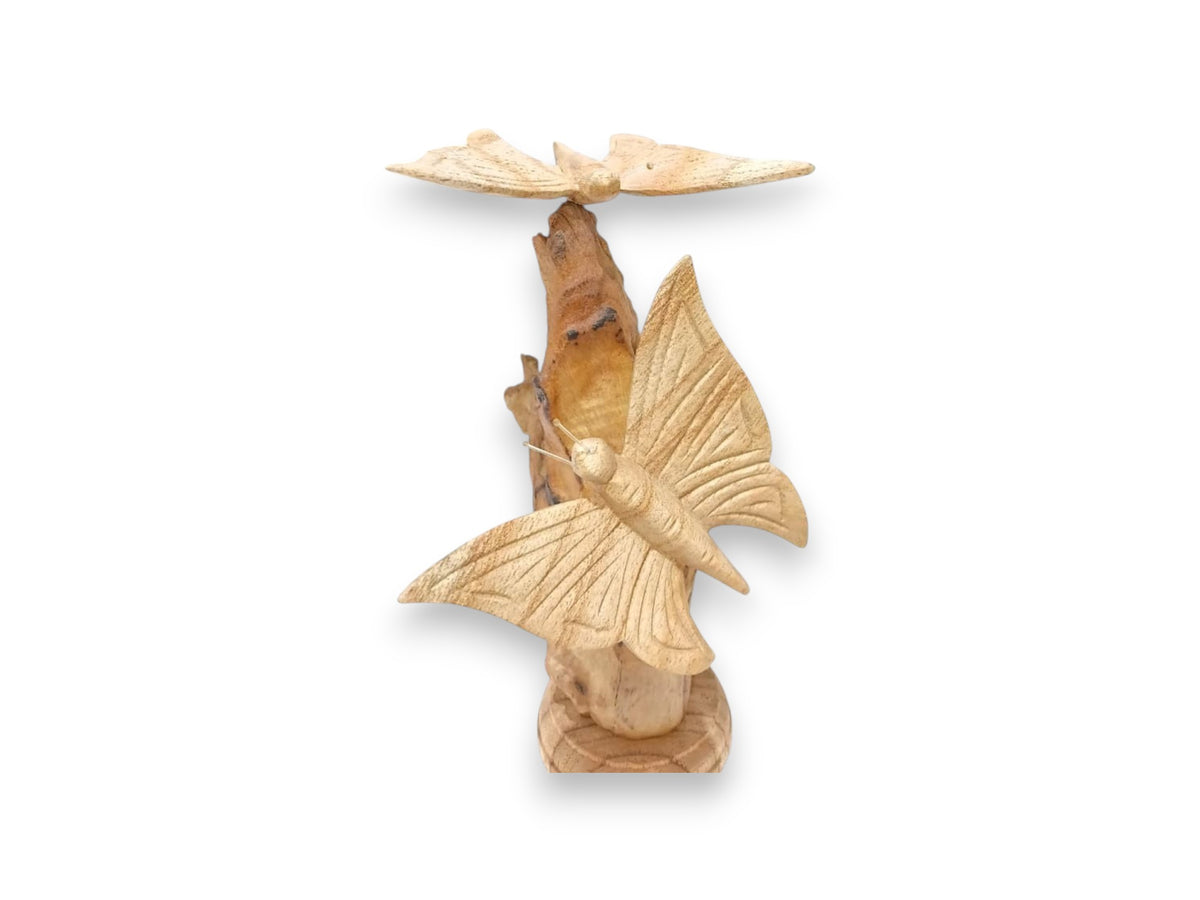 Two Hand Carved Wooden Butterflies on Natural Rootwood Tabletop Sculpture