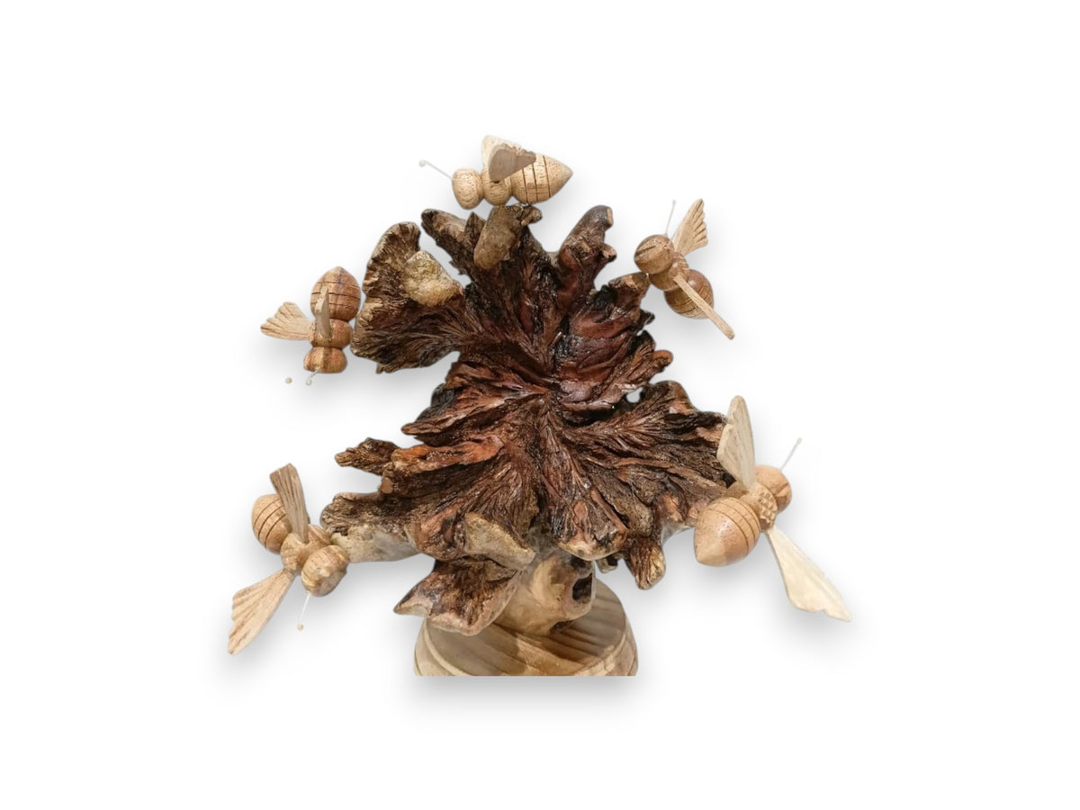 Five Hand-Carved Wooden Bees with Bracket Mushroom Sculpture