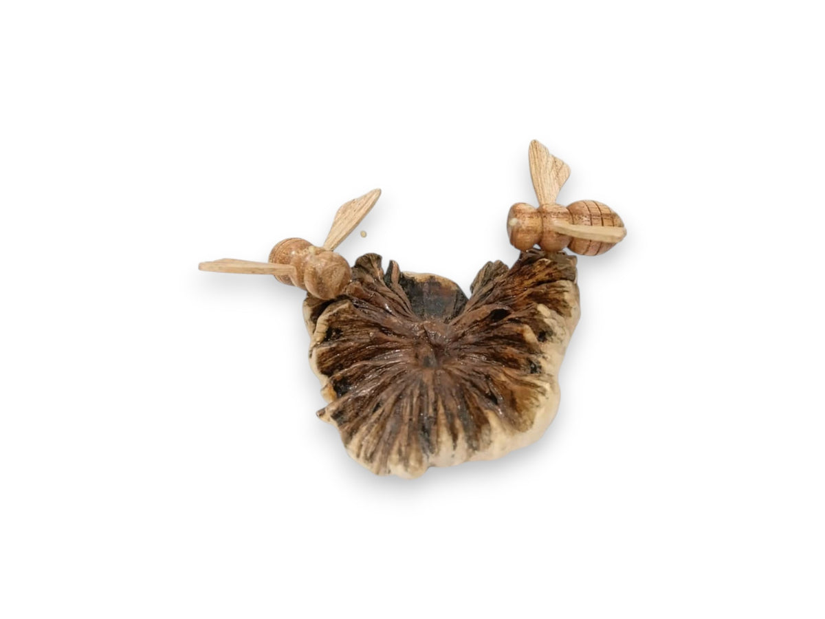 Two Hand-Carved Wooden Bees on Bracket Mushroom Sculpture