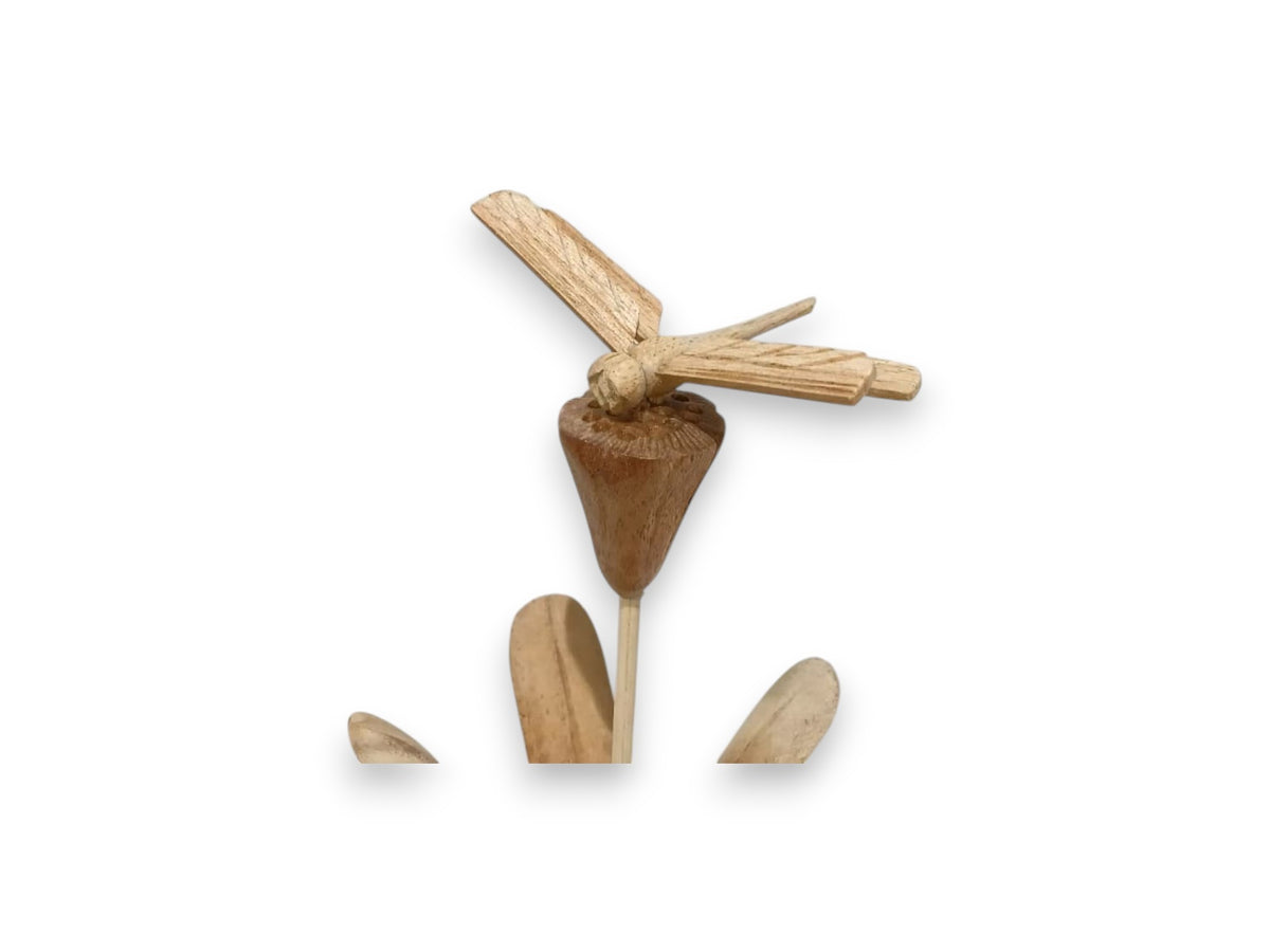 Hand-Carved Wooden Dragonfly Above Flower and Leaves Sculpture