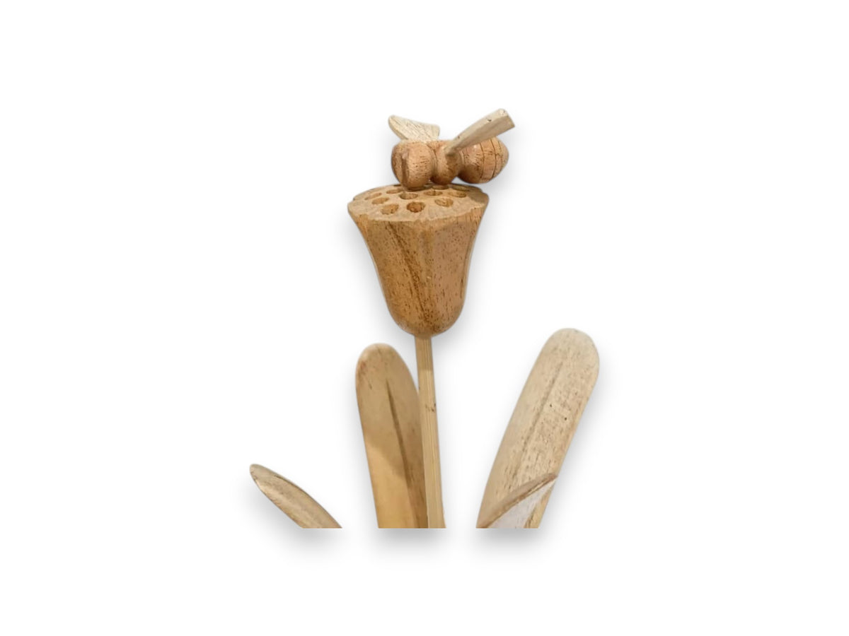 Hand-Carved Wooden Bee on Tall Flower and Leaves Sculpture