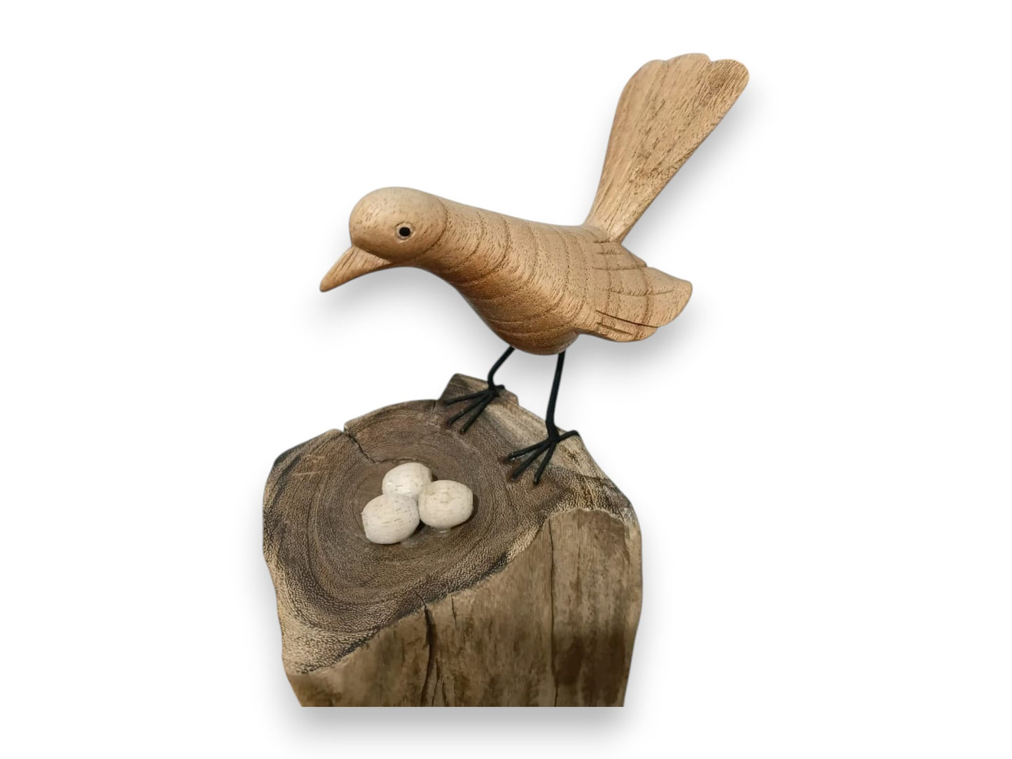 Hand Carved Wooden Bird with Three Eggs on Driftwood Sculpture