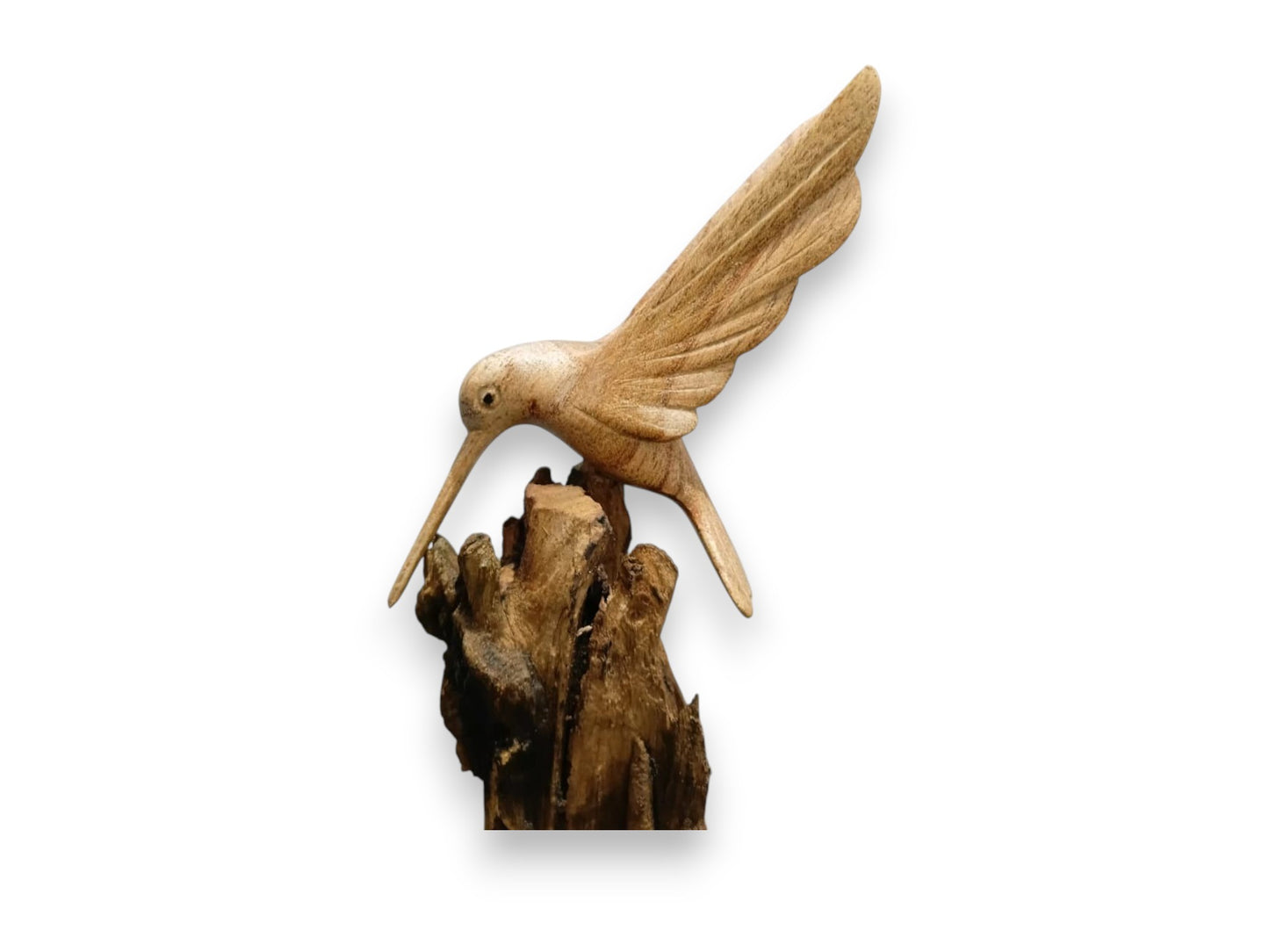 Hand Carved Wooden Hummingbird on Natural Rootwood Sculpture
