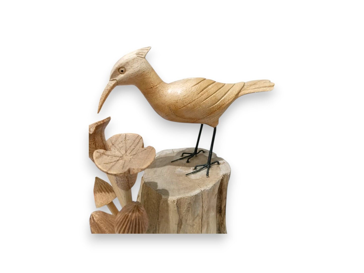 Hand Carved Wooden Woodpecker with Mushroom Sculpture