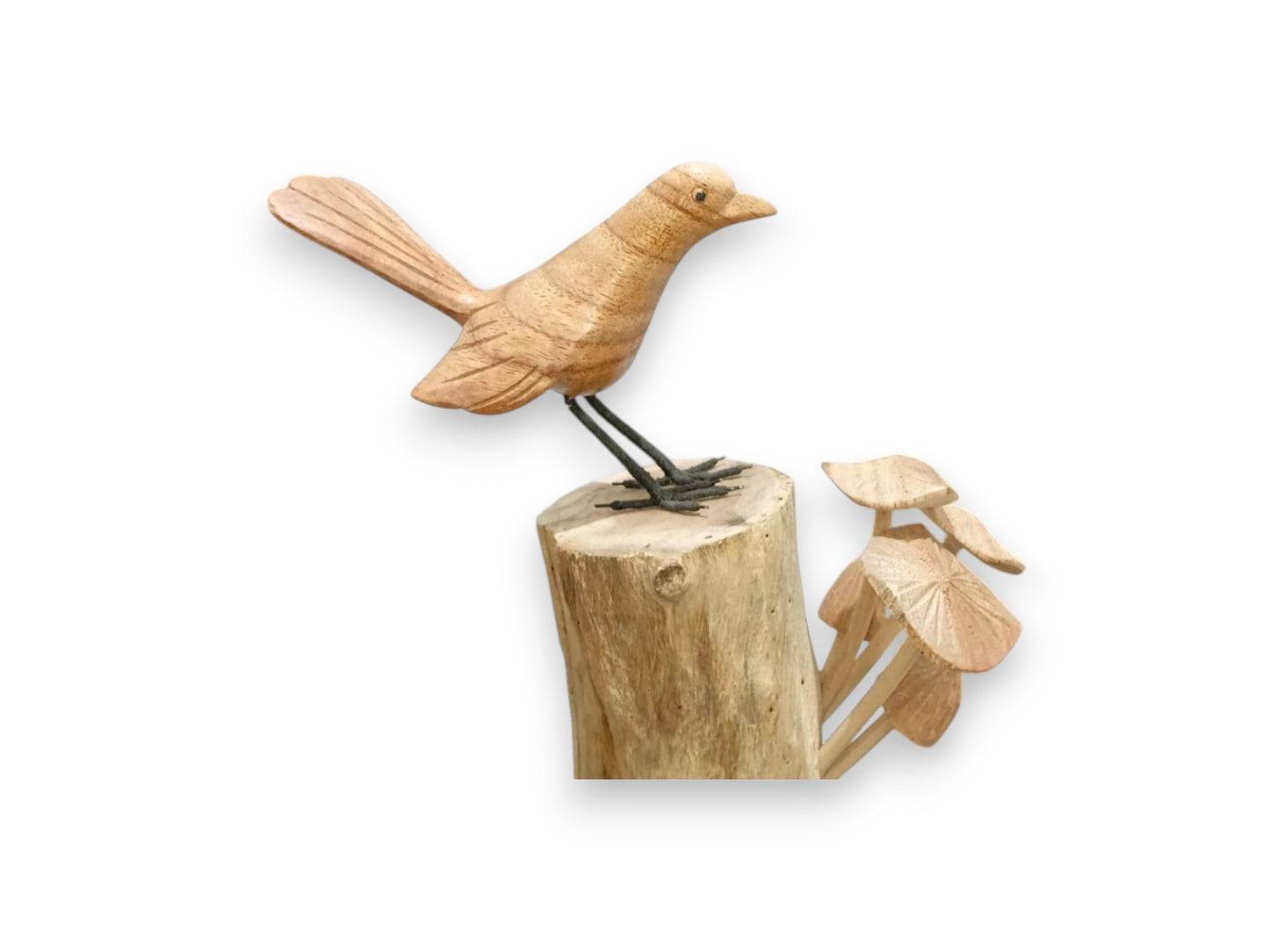 Hand Carved Wooden Bird with Mushroom Sculpture on Rootwood