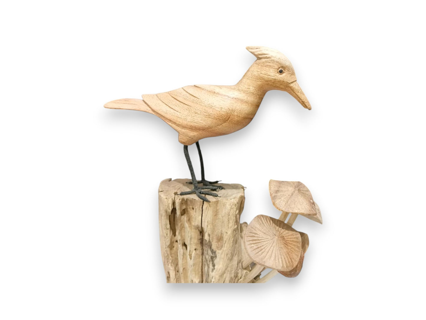 Tall Hand Carved Wooden Woodpecker with Mushroom Sculpture