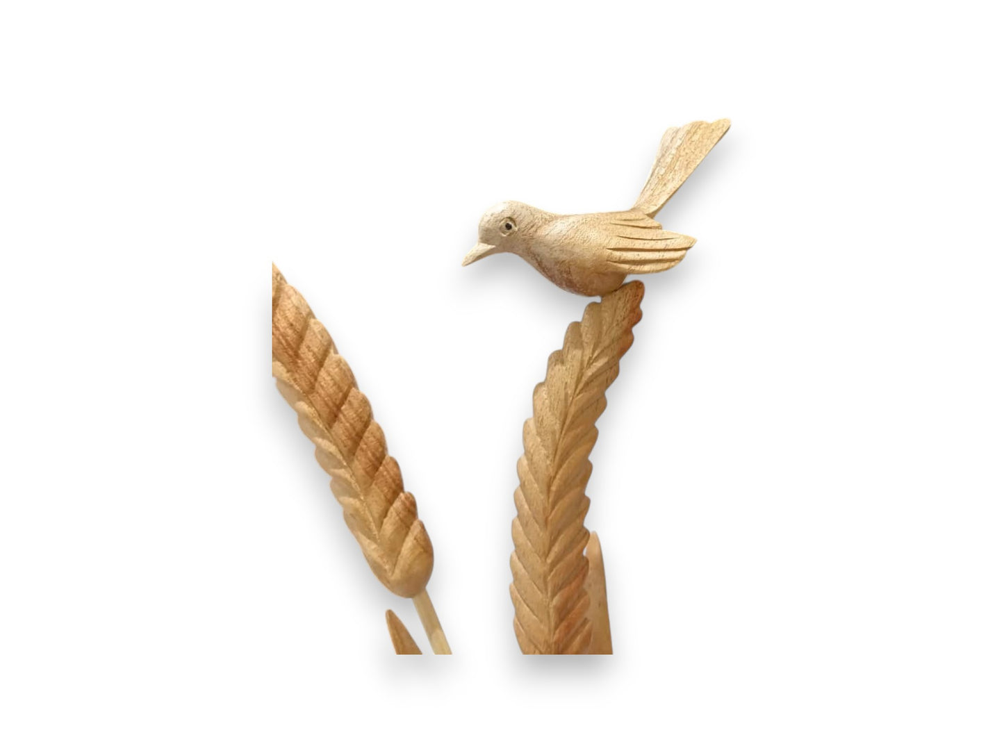 Hand Carved Wooden Bird Couple on Wheat Stalks Sculpture