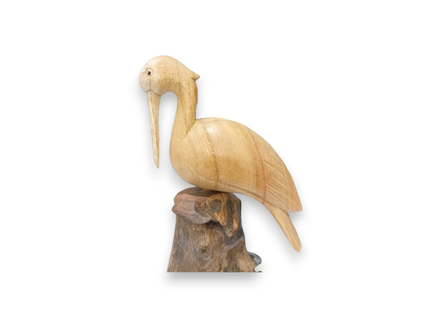 Hand Carved Wooden Pelican Sculpture on Natural Rootwood