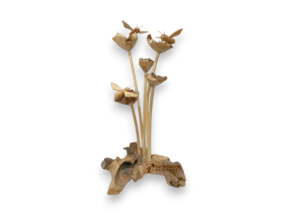 Three hand-carved wooden bees resting on tall wildflowers above a natural rootwood base