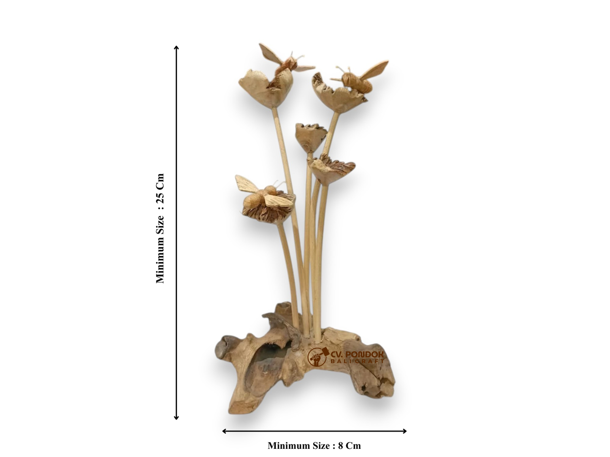 Three Hand Carved Wooden Bees on Wildflowers and Natural Rootwood Sculpture