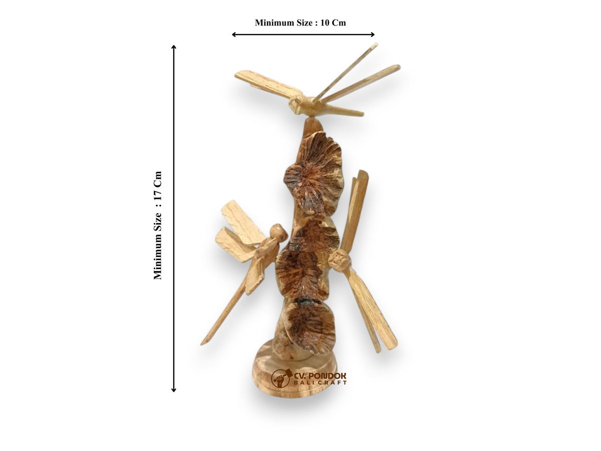Three Hand Carved Wooden Dragonflies and Bracket Mushrooms Sculpture