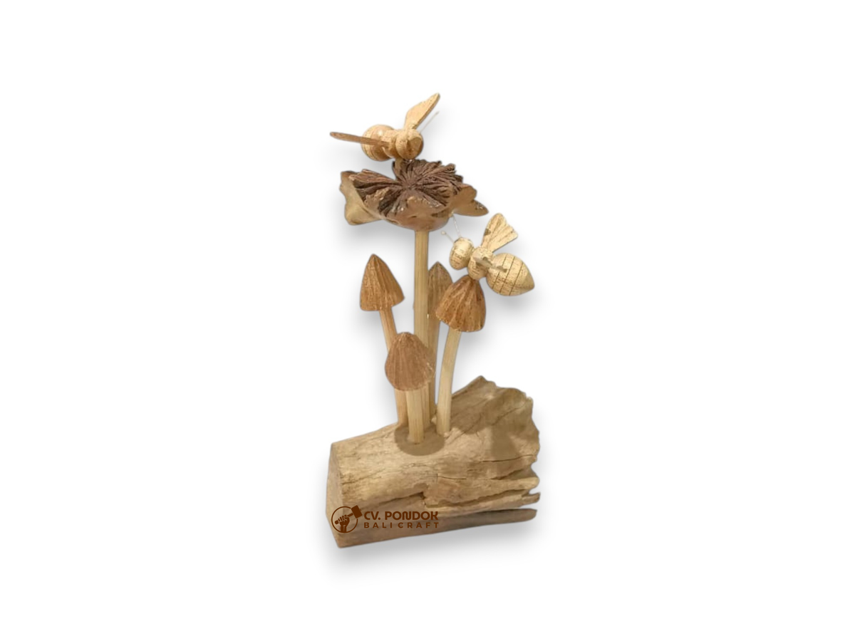 Two Hand Carved Wooden Bees with Wildflower and Mushrooms on Driftwood Sculpture