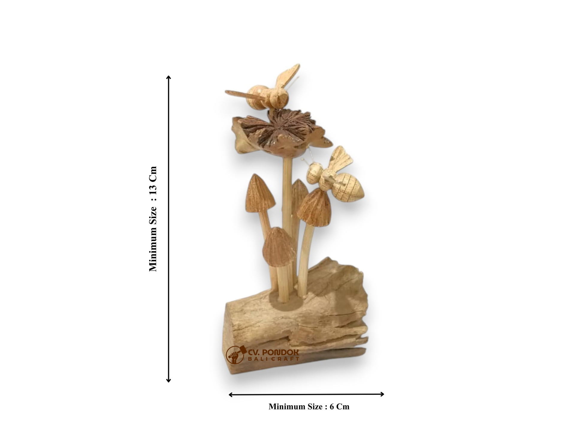 Two hand-carved wooden bees with a wildflower and mushroom cluster on a natural driftwood base