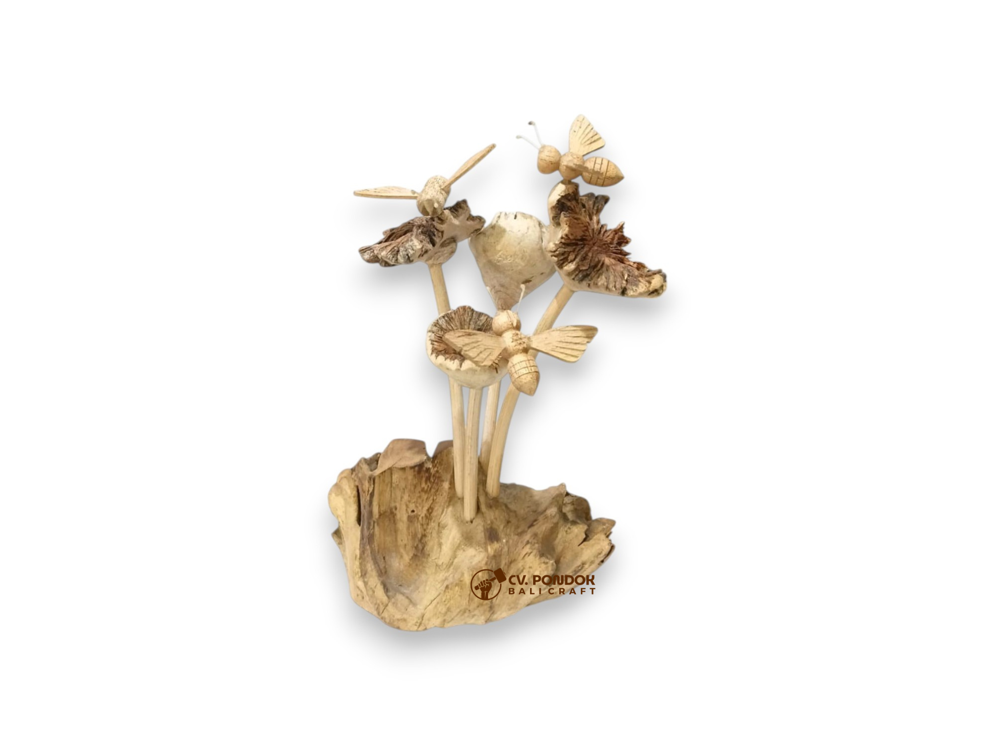 Three hand-carved wooden bees gathering around wildflowers on a natural rootwood base