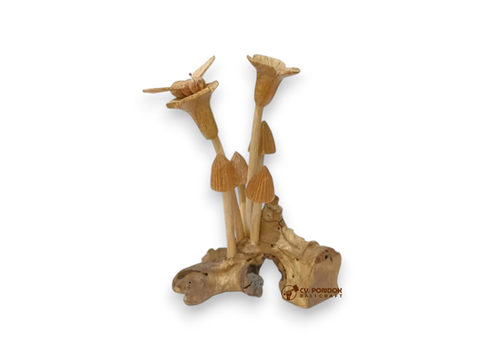 Hand-carved wooden bee resting on a wildflower above mushrooms and a natural rootwood base
