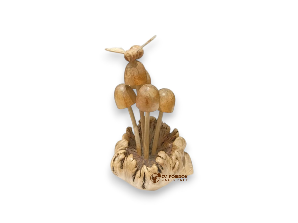 Hand-carved wooden bee resting above five mushrooms on a natural rootwood base