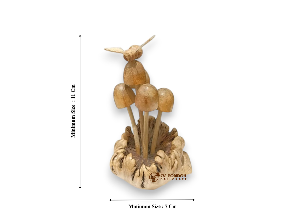 Hand Carved Wooden Bee with Five Mushrooms on Natural Rootwood Sculpture