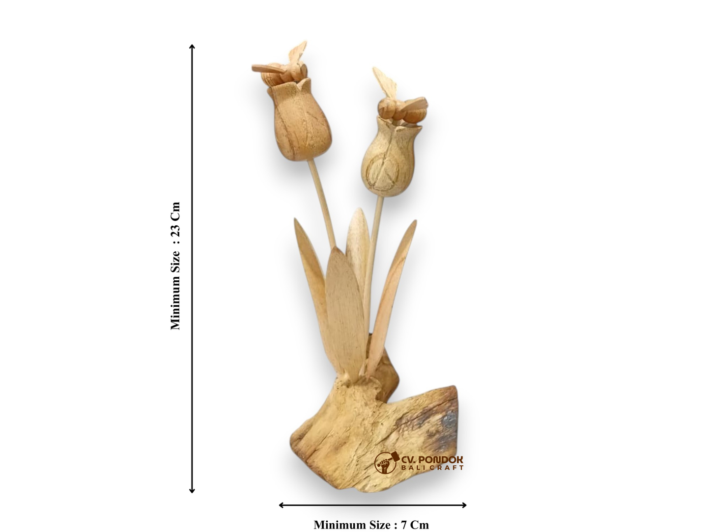 Two Hand Carved Wooden Bees on Tall Wildflowers and Natural Rootwood Sculpture