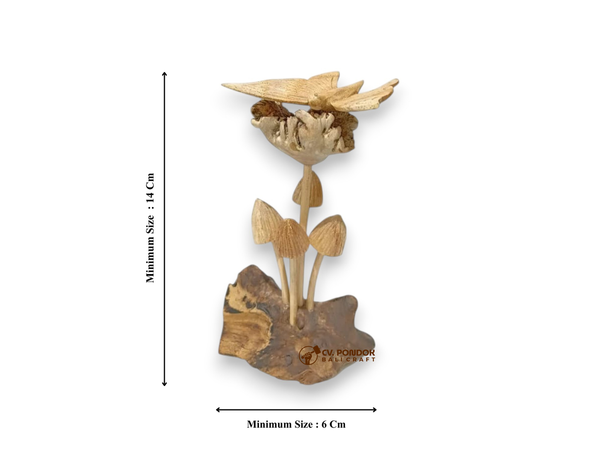 Hand Carved Wooden Butterfly with Wildflower and Four Mushrooms on Natural Rootwood Sculpture