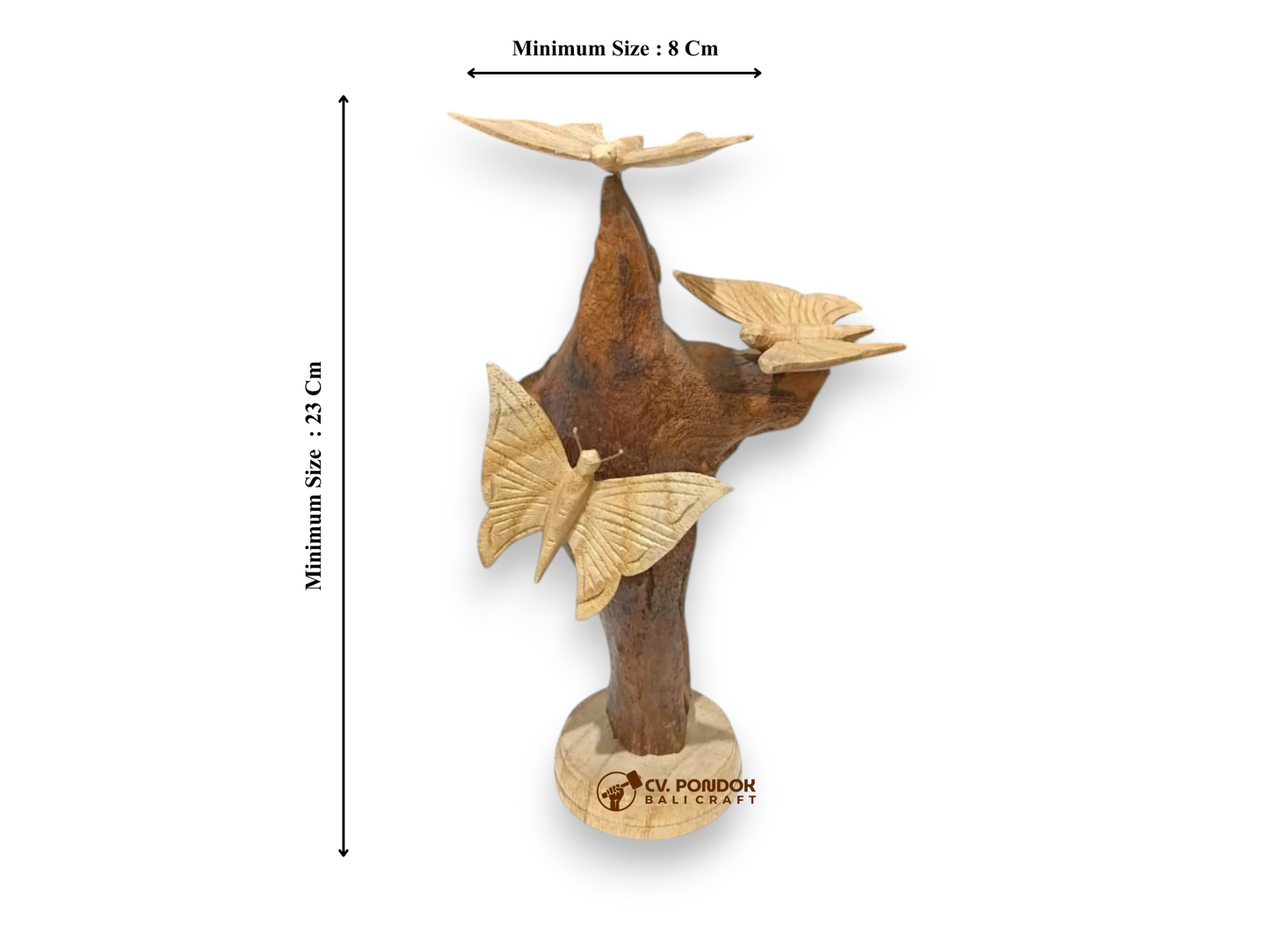 Three Hand Carved Wooden Butterflies on Tall Natural Rootwood Sculpture