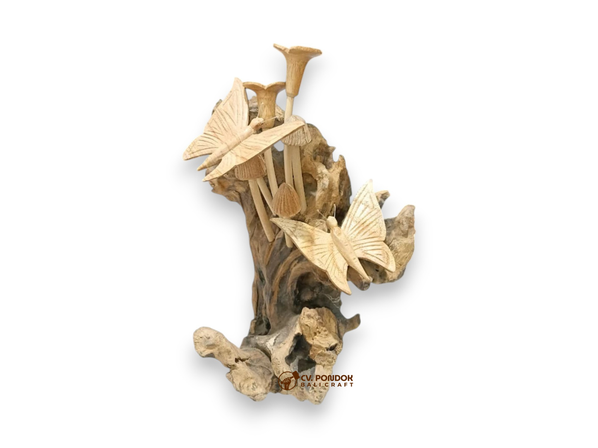 Two hand-carved wooden butterflies arranged among five mushrooms on a natural rootwood sculpture