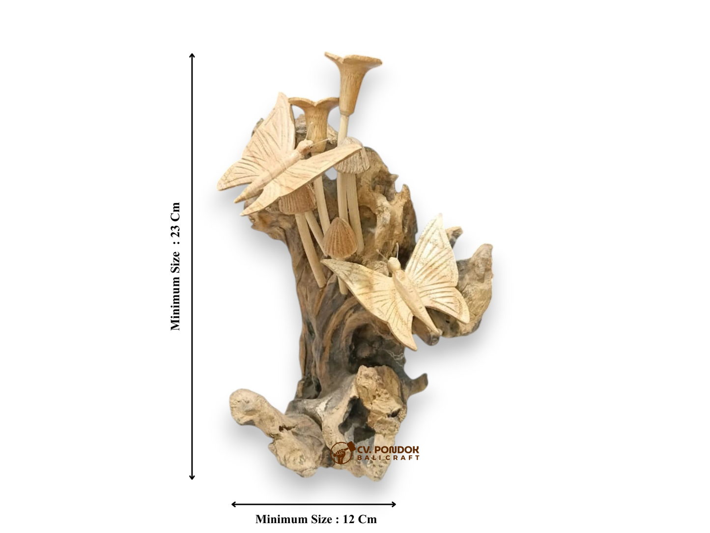 Two Hand Carved Wooden Butterflies with Five Mushrooms on Natural Rootwood Sculpture