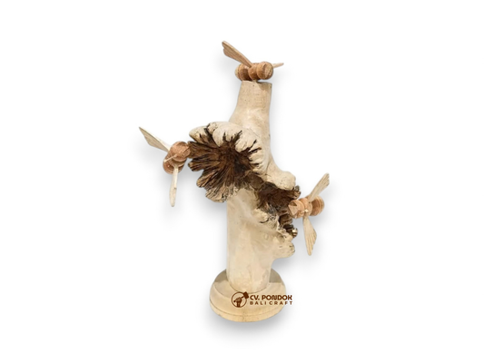 Three hand-carved wooden bees surrounding layered bracket mushrooms on a natural wooden tree trunk