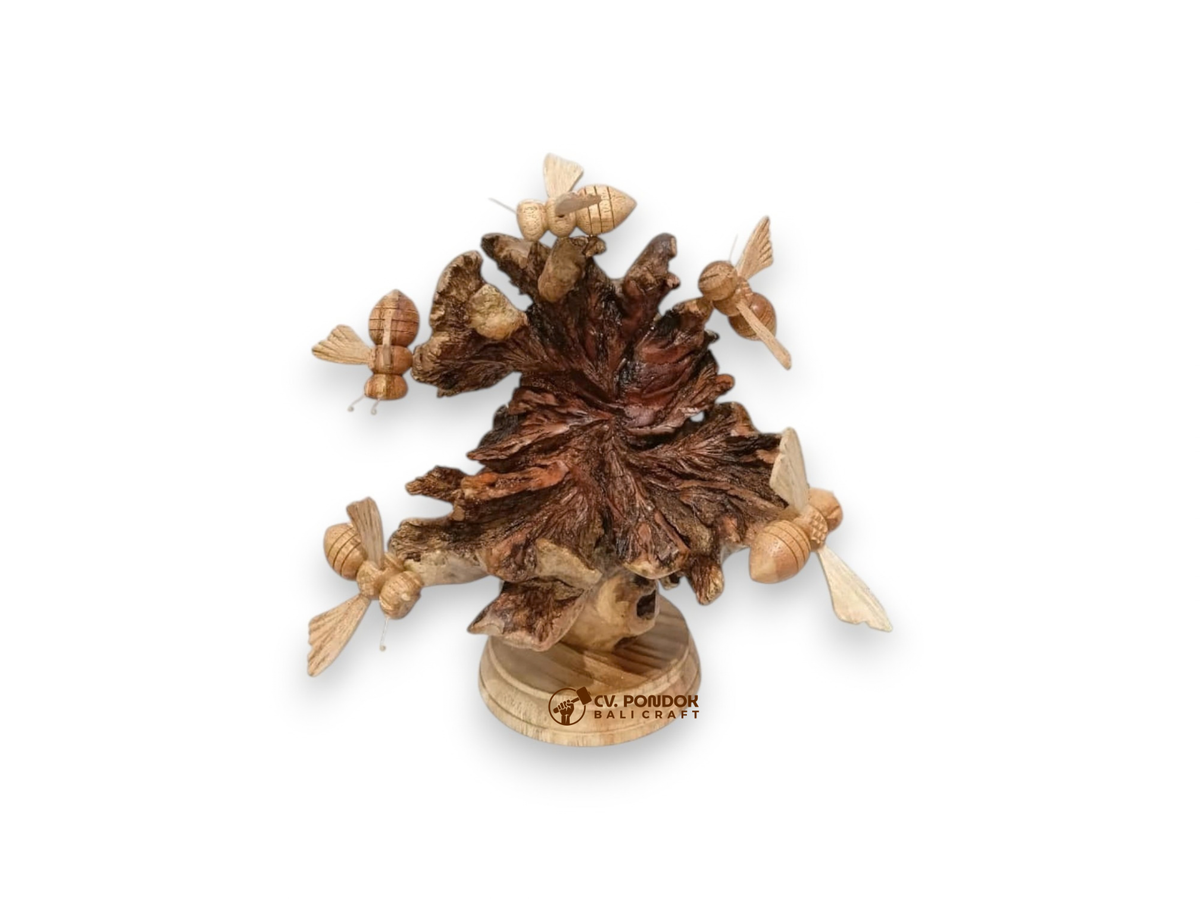 Five hand-carved wooden bees surrounding layered bracket mushrooms on a round wooden base