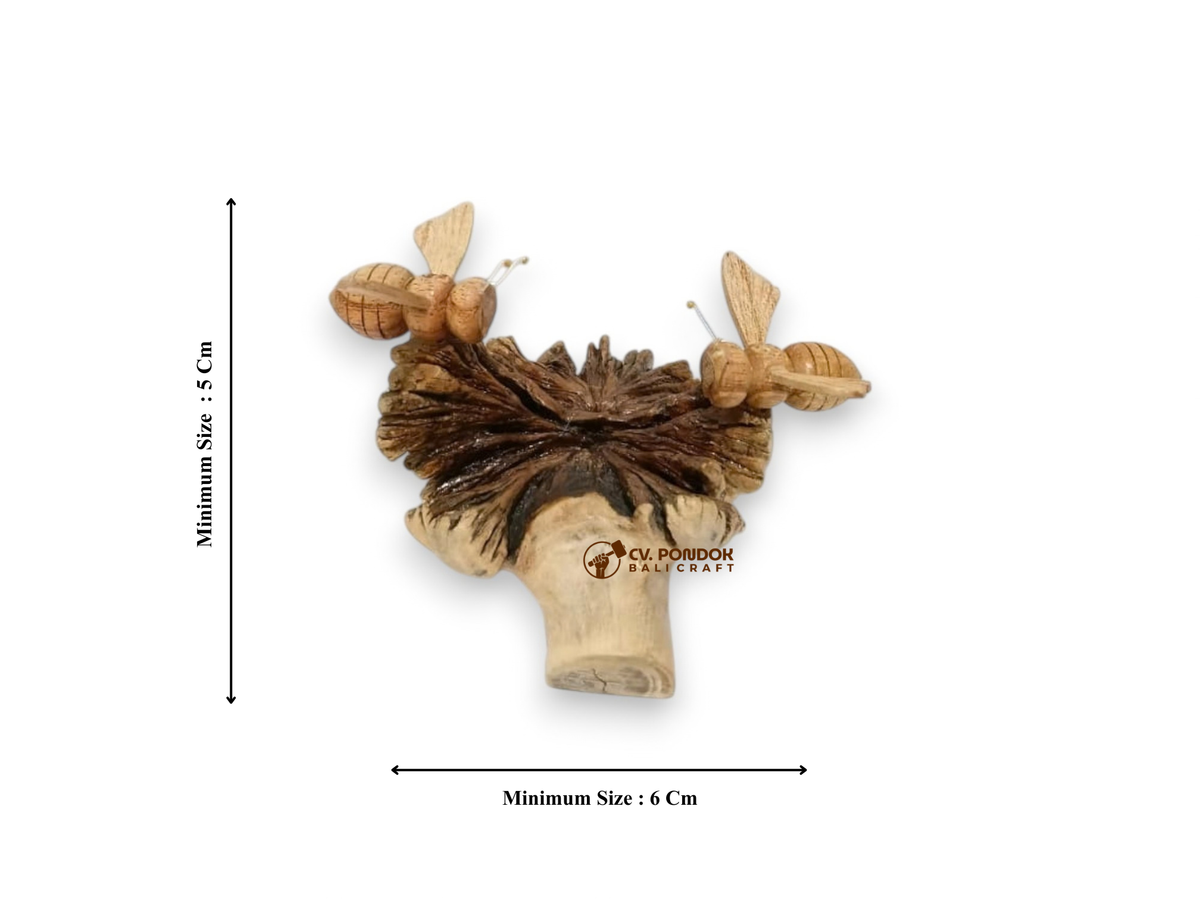 Two Hand-Carved Wooden Bees on Bracket Mushroom Sculpture