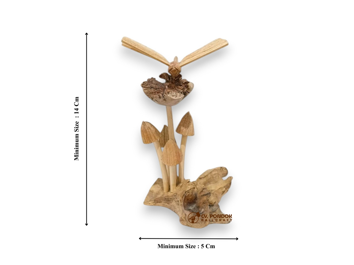Hand-Carved Wooden Dragonfly with Four Mushrooms Sculpture