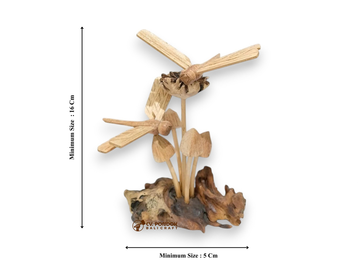 Two Hand-Carved Wooden Dragonflies with Mushroom Sculpture